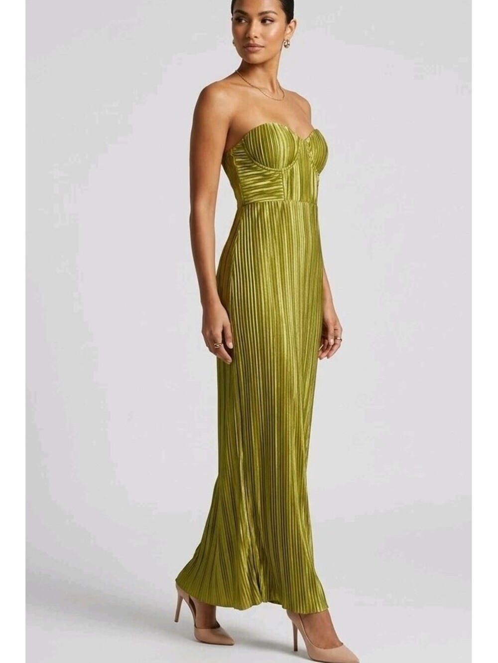 Fortunateone Dress Womens S Green Strapless Pleated Satin Maxi Formal Party